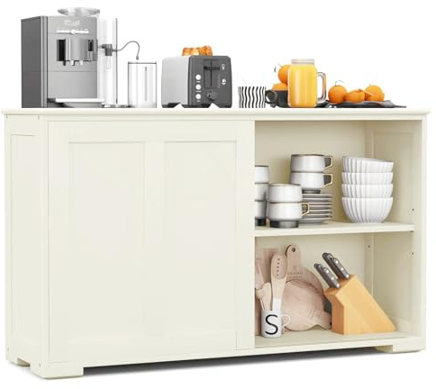 KOMFOTTEU Credenza Cucina con Ripiano Regolabile, Dispositivi Anti-Ribaltamento e Ante Scorrevoli, Mobile Buffet Dispensa Cucina in MDF, Armadietto a Buffet per Sala da Pranzo, 107x33x60cm (Crema)