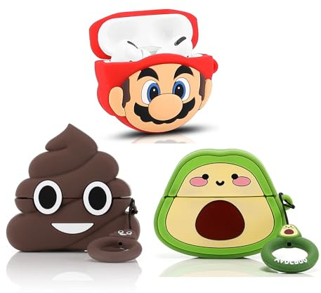 XMBYGY - Custodia protettiva per AirPods Pro di 2a/1a generazione (2022/2019), con portachiavi, in silicone con motivo a pelle dei cartoni animati, per ragazzi e ragazze (avocado+FUN+Mario)