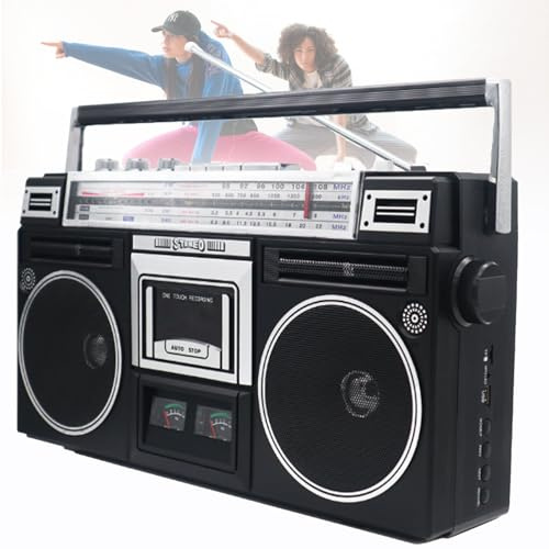 Registratore portatile per cassette, lettore CD, Boombox Bluetooth retrò anni '80, con radio AM/FM, supporto ingresso SD/USB, registratore per riunioni di famiglia, viaggi, danza di strada,Black