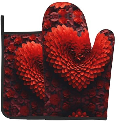 YYHWHJDE Set di 2 guanti da forno e presine da cucina con stampa di fiori rossi a forma di cuore per San Valentino, utilizzati per aprire i coperchi delle pentole in cucina e per trasportare piatti da