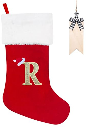 Weihnachtsstrumpf Personalisiert 50cm Großer Nikolausstrumpf mit Buchstaben Plüsch Stockings Hängender Weihnachtsmann mit Namensschild Ornamente Weihnachtsdekorationen für Weihnachtsbaum und Heim (R)