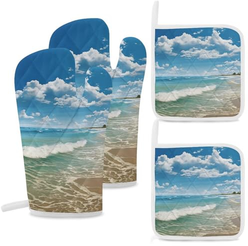 Ofenhandschuhe und Topflappen-Set, 4-teilig, hochhitzebeständig, Küchenhandschuhe und heiße Pads, Sandstrand, Ofenhandschuhe, rutschfest, wasserdicht, Topflappen zum Backen, Kochen, Grillen