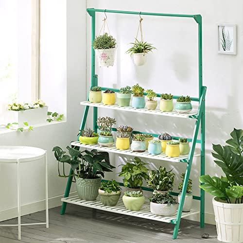 Bamboo 3 Tier Plant Display Rack Stand for Indoor Outdoor Home Decor Folding Shelf Organizer for Flower Pots Hanging Planters and Succulents