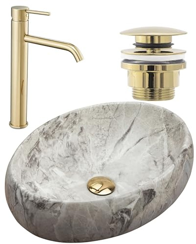 Rea Set Lavabo da Appoggio in Pietra Linda + Rubinetto per Lavabo Lungo Gold + Piletta Gold, Ideale Come Lavabo o Lavamani per WC, Design Unico