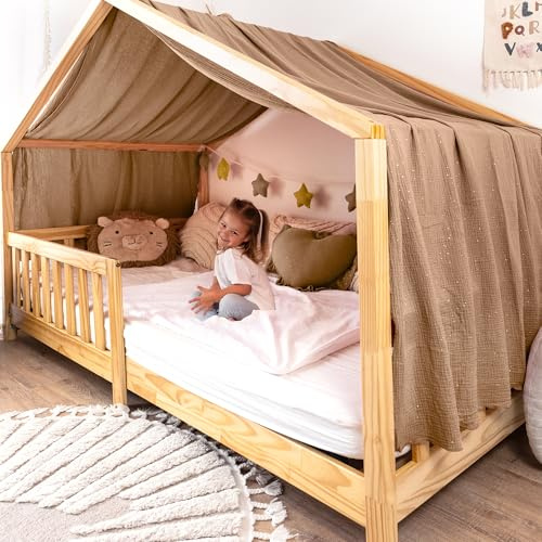 lilimaus Hausbett Himmel mit Gold Applikation [in 12 Farben] Betthimmel | Hausbett aus 100% Baumwolle Musselin - Stoffhimmel für Hausbett Deko Mädchen, Jungen - Himmel für Hausbett Kinderbett Vorhang