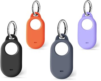 Msagkah 4 stycken silikonskal för Sumsang SmartTag2, 4 st repskyddande silikonskyddsfodral med karbinhake kompatibel med Samsung Galaxy Smart Tag2 (svart + orange + grå + lila)