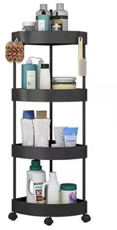 MAGNA RETAIL Corner Bathroom Storage Trolley on Wheels Black | Kitchen Storage Unit | Utility Caddy | Free Standing Plastic Shelving Unit | Fruit Vegetable Rack | Kitchen Trolley on Wheels (4-Tier)