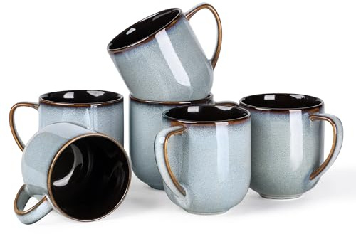 Juego de 6 tazas de café de cerámica de porcelana de 350 ml con asa grande para café con leche, capuchino, leche, cacao, lavavajillas y microondas