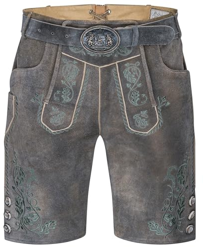 Schöneberger Trachten Couture Herren Lederhose kurz mit Trachtengürtel – Traditionelle bayerische Trachtenhose Vintage für Oktoberfest braun Original Nubukleder Moosbach (52)