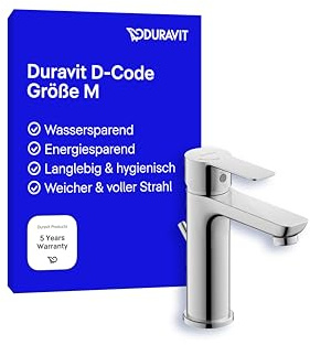 Duravit D-kod tvättställskran, storlek M (pip höjd 167 mm), energisparande handfatskran (FreshStart), vattenbesparande kran badrum (MinusFlow), med dragstång avloppsarmatur, krom