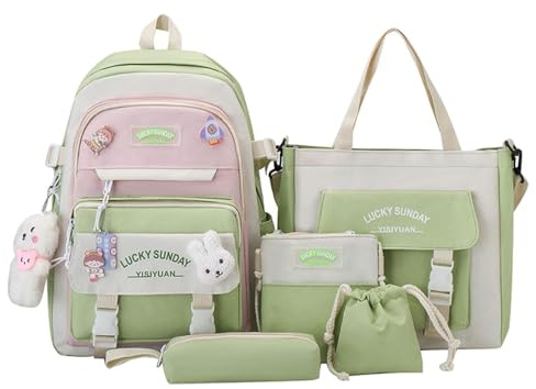 Backpacks-set, väska kombinationssats, 30 x 15 x 40 cm kompakt kanvas skolryggsäck set, multipocket design, lätt, för barn, pojkar, flickor, tonåringar och studenter, Grön, Siehe Beschreibung