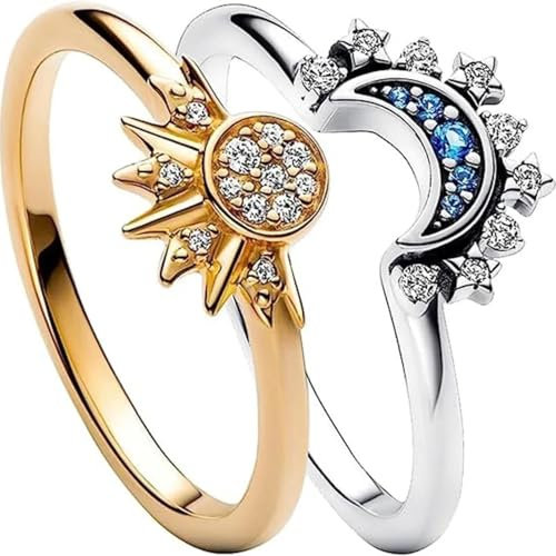 Hasdnker Ring Ringe Damen Bijouterie Herren 1 Pair Celestial Sun and Moon Ring Set for Women 14K Gold/Silver Color Sparkling Sun and Moon Rings 10 Gold