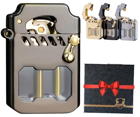 Metal Rocker Feuerzeug, Retro Transparent Benzinfeuerzeug, Benzin Feuerzeug Metall Ist Langlebig, Mit Transparentem Kraftstofftank, Winddicht (Schwarz)