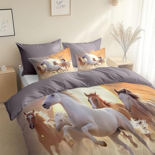 XCQHZYQ Parure de lit Adulte 2 Personnes Or 220x240 cm Animal Cheval Soleil Sets de Housse de Couette Polycoton Ensemble Literie Linge de Lit avec 65x65cm Taies d'oreiller