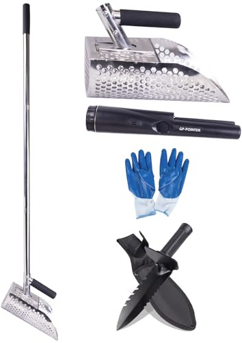 Sand Scoop for Metal Detecting, Heavy Duty Stainless Steel Sand Scoop with Long Handle,Includes 1*Metal Detector Pinpointer,1*Metal Detecting Shovel,One Pair of Gloves (Black)