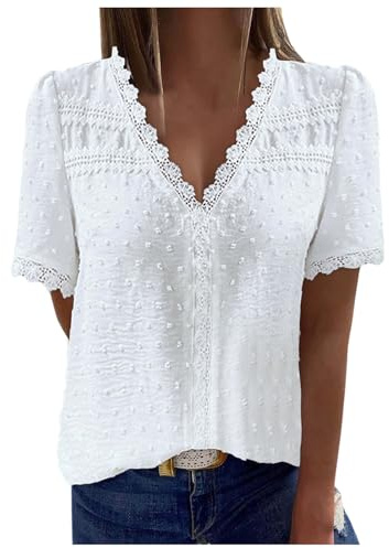 Short Sleeve Blouses for Women UK Broderie Anglaise Tops Elegant Ladies Tops Lace Cutout Patchwork Shirts Womens V Neck Puff T-Shirt Blouse Shirts Summer Plus Size Casual Loose T-Shirt White