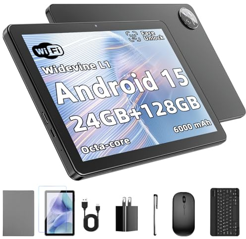 Aobante Tablette 10 Pouces Android 15 : 24 Go RAM + 128 Go ROM (jusqu'à 1 to), processeur Octa-Core, écran IPS HD 1280x800, caméras 5MP+8MP, Batterie 6000 mAh, Clavier, Souris, Widevine L1 (Noir)