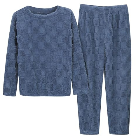 Generisch Pigiama da donna, set invernale caldo in pile, biancheria da notte in due pezzi, con tasche, pigiama, morbido, a maniche lunghe, con scollo rotondo, vestibilità comoda