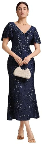Ever-Pretty Abendkleid Damen Pailletten V-Ausschnitt Formal Ballkleider Sommer Midi-Länge Navy Blau 44