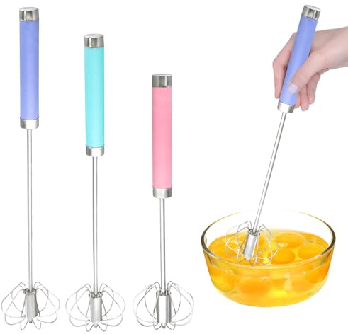 3 Pack Semi-Automatic Egg Beaters, 10in, 12in, 14in Push Whisk, Stainless Steel Whisk, Easy to Clean for Baking, Whisking, Stirring, Butter, Milk Frothing, Home & Kitchen Cooking (Pink, Blue, Purple)