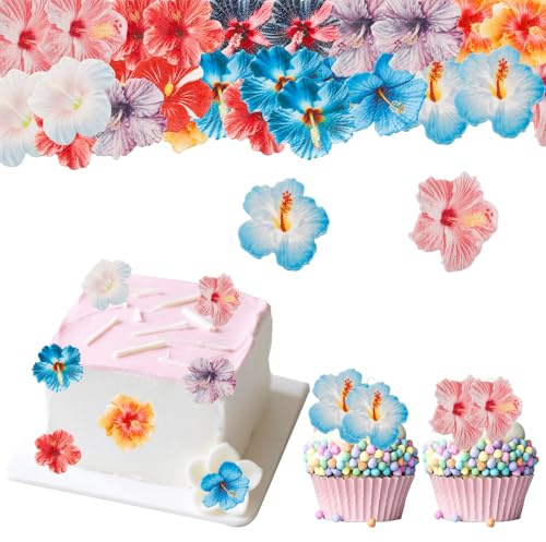 ENLACE Essbare Blumen für Torte, 60 Stück Kuchen Deko Hibiskus Cupcake Topper, Essbare Blüten Tortendeko Geburtstag, Blumen Tortendeko Essbar, Hibiskus Muffin Topper für Hochzeit Babyparty Geburtstag