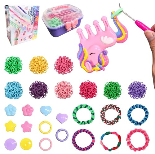 Juego de Cintas para Niños con Peine de Unicornio, DIY Cintas de Telar Kit de Pulseras, Pulsera Collar Herramienta de Tejer Juguetes de DIY, con Peine para Trenzar Unicornio Y 1000 Lazos