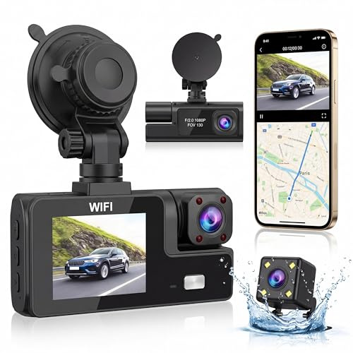 Dashcam-kamera 3 kameror 1080P Full HD | Maximal säkerhet 360° utan död vinkel, nattseende och övervakad parkering, inbyggd wifi rörelsedetektering, idealiska VTC-förare och familjer