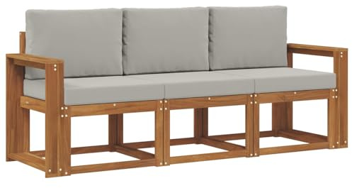 Foknhdi Juego de muebles de jardín de madera de acacia maciza, sofá exterior con tapicería, conjunto modular para jardín y terraza, 197,5 x 63 x 73 cm, natural y gris claro
