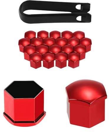 F Fityle 20Pcs Radschraubenkappen, Radschraube Mutter Abdeckung, Universal Reifen Mutter Abdeckungen mit Entfernung Werkzeug Set, Kunststoff Radmutterkappen Auto für Radschrauben, rot