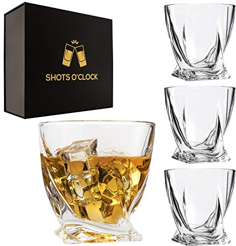 Premium Twisted Glasses Set of 4 - Elegant Whiskey Glasses for Scotch, Single Malt - Old Fashioned Glass Set in Gift Box - Rocks Whisky Tumblers for Cocktails - Home Bar Glassware Tumbler Set