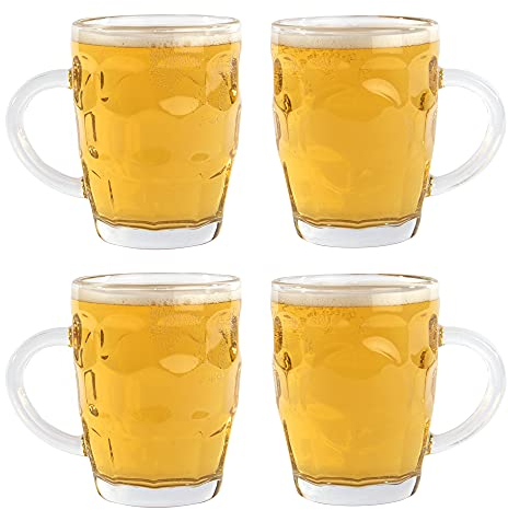 Glass Beer Tankards - Set of 4 | Old Fashioned Drinking Glasses | Perfect for Garden Bar & Home Drinking | Pint Size Tankards | M&W
