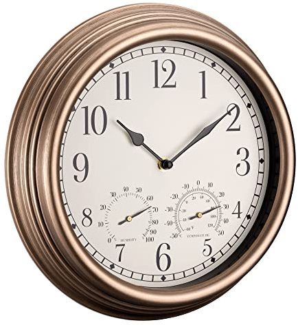 Navaris Waterproof Outdoor Clock - 30.5cm Large Outdoor Clock and Thermometer for Garden - Battery Operated Wall Clock with Temperature and Humidity