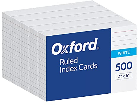 Oxford Index Cards, 500 Pack, 4x6 Index Cards, Ruled on Front, Blank on Back, White, 5 Packs of 100 Shrink Wrapped Cards (40178)