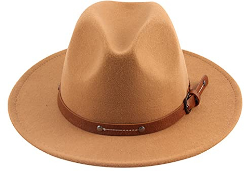 QUUPY Fedora-Hut für Damen, klassisch, breite Krempe, mit Gürtelschnalle, Panama-Hut, Jazz-Kappe (Khaki), khaki, 6 7/8-7 1/8