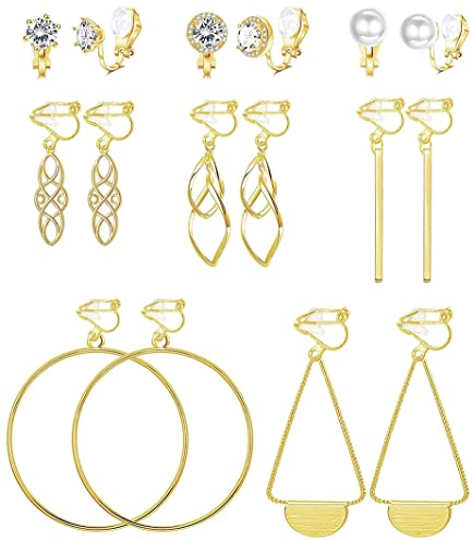 JeweBella 8 Paar Ohrclips Damen Mädchen Lange Tropfen Hängend Ohrringe Ohne Ohrlöcher Zirkon Perlen Creolen Hypoallergen Fake Set Silber Gold für Frauen