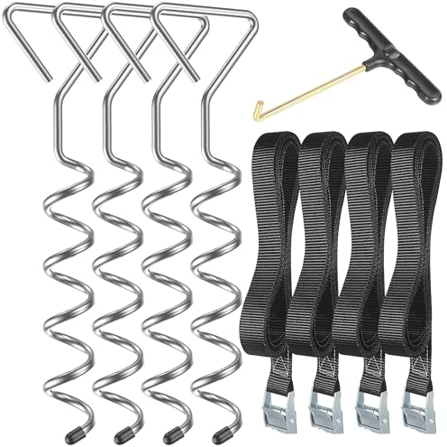 Graxury 4Packs Heavy Duty Trampoline Anchor Kit - Corkscrew Shape Rust-Proof Galvanized Steel Tie Down Stakes for Trampolines, Swings, Garden Sheds with 4 Strong Belt and Spring Pull Tool (Silver)