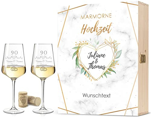 GRAVURZEILE Leonardo Weingläser mit Gravur - Marmorne Hochzeit Design - Personalisiert mit Namen & Datum inkl. Holzkiste - Geschenk zur Hochzeit Verlobung Jahrestag Farbe Große Kiste UV