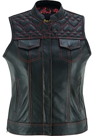 Leatherick Gilet da motociclista in pelle nera da donna - Fodera tradizionale in raso Paisley con cuciture a cuore rosa (2XL, Rosso cucito)