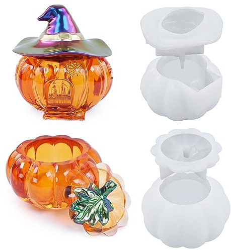 Treedix Lot de 2 moules en silicone en forme de citrouille d'Halloween avec couvercle de chapeau, boîte de rangement pour résine époxy, décoration d'intérieur, moules en résine pour le rangement, la