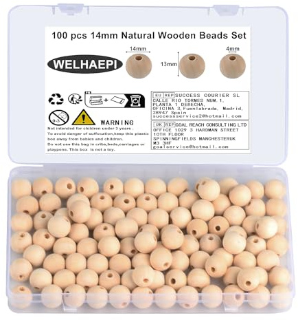 WELHAEPI 100 Perline Legno 14mm, Naturali Rotonde | 100 Perline in Legno Naturale 14mm con Foro – Palline per Braccialetti, Collane, Fai da Te e Decorazioni
