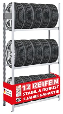 PROREGAL Reifenregal TIRE PRO Made in Germany | Grundregal | HxBxT 200x100x43cm | 150kg Fachlast | bis zu 12 Reifen auf 3 Ebenen | Verzinkt | Reifenständer Garagenregal