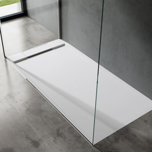 doporro Duschtasse Duschwanne 80x160x4 Mineralguss Weiß Ablaufgarnitur | Flache Duschwanne für bodenebene Montage mit DIN-Anschlüssen – stabil & pflegeleicht für moderne Duschen Geoma04