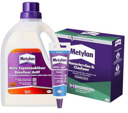 Metylan Renoviervlies & Glasfaser (1x500g) & Metylan Naht- und Reparaturkleber (1x60g) & Metylan Tapetenablöser Aktiv-Konzentrat, löst schnell und problemlos (1x 1l)