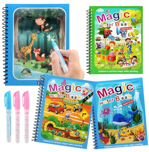 JoyPlus 4 Piezas Libro Magico Agua, Libro Magico Pintar con Agua, Libro de Dibujo de Agua Mágica, Reutilizable Libro para Colorear con 4 Bolígrafos Educativo Doodle Pintar Juguetes para Niños