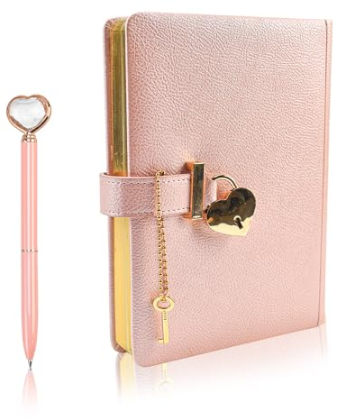 KLYNGTSK Heart Shaped Lock Diary Pu Leather Lockable Diary Secret Diary with Lock Pink Lock Diary with Key Girls Notebook and Pen Set Journal Notebook with Lock and Key for Write Women Girl Gift (A5)