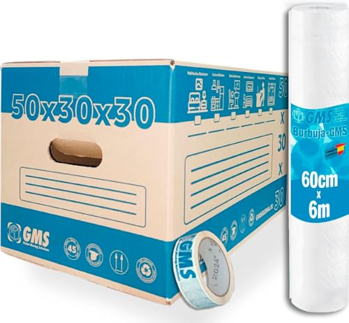 20 Cajas de Cartón Mudanza 50x30x30cm 45 Litros + Burbuja 6x0,6m + Precinto GMS. Ultra resistentes. Mudanzas y Almacenaje con Asas. Cartón (20 Cajas 50x30x30cm + Burbuja + Precinto)