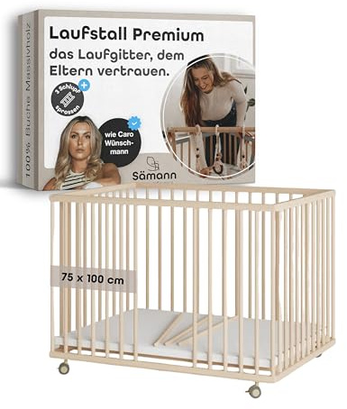 Sämann Laufstall Baby mit 3 Schlupfsprossen | TÜV geprüft | stufenlos höhenverstellbar | Laufgitter Premium | Babybett aus Holz | Krabbelgitter (natur, 75x100 cm)