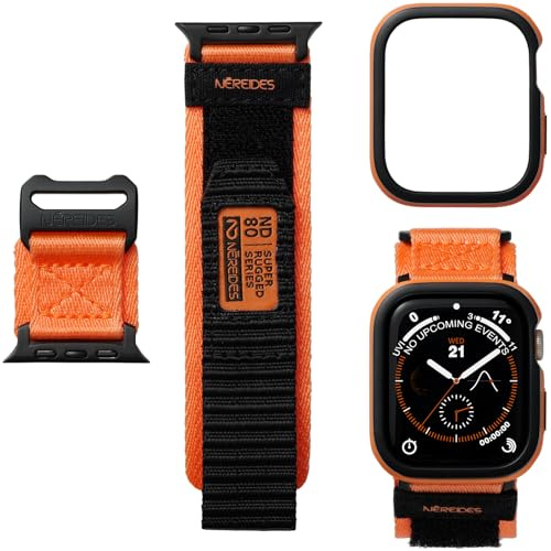 Nereides Rugged Case with Band Compatible with Apple Watch Series 9/8/7 45mm, Nylon Sport Replacement Band with Cover for iWatch Strap Men (Orange)