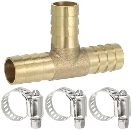 PATIKIL 1/2 Brass Tee Hose Barb Fitting, 3 Ways Union Intersection T Shape Barbed Split with Clamps for Air Water Fuel Gas Liquid, Golden