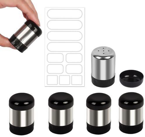 Lollanda 5Pcs Salt and Pepper Shaker Set, Travel Salt and Pepper Shakers, Small Spice Shakers, Seasoning Cans for Home Kitchen BBQ Camping (Black)